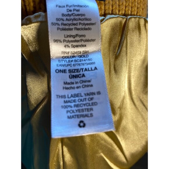 Gold Ribbed Beanie With Faux Fur Pom-Pom  Made From Recycled Materials  One Size - Picture 2 of 4